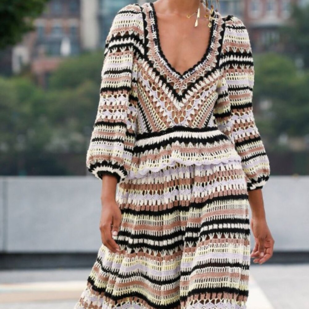 $895 Ulla Johnson Delfina Striped Crochet Cotton Tiered Maxi Dress Ecru Medium - Picture 3 of 11